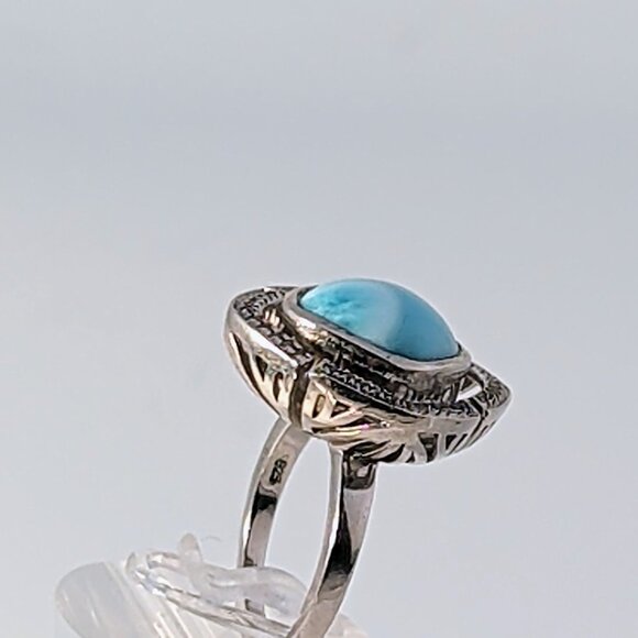 Marahlago Larimar Rhodium Plated Silver Ring Cushion-Cut Stone & Topaz - Picture 6 of 13